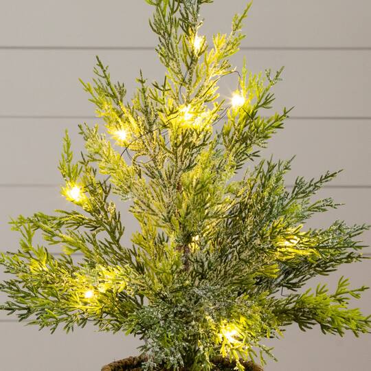 Nearly Natural 18" Pre-Lit Artificial Snowed Cypress Christmas Tree in Hyacinth Basket, Warm White LED Lights